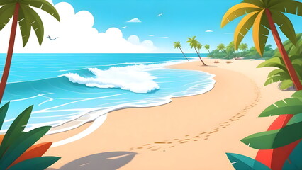 Fototapeta na wymiar Beach Paradise Tropical Sands, Sea Background, Sunny Cartoon Illustration