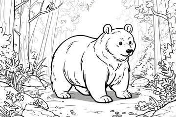 A forest scene coloring page with a bear. Perfect for children's coloring books. Illustrated in black and white outline. - obrazy, fototapety, plakaty