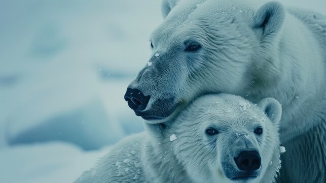 Portrait happy family animal of white little polar bear with her mom on arctic. AI generated image