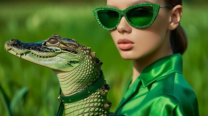 AI-generated illustration of a stylish woman in green posing with a small alligator - obrazy, fototapety, plakaty