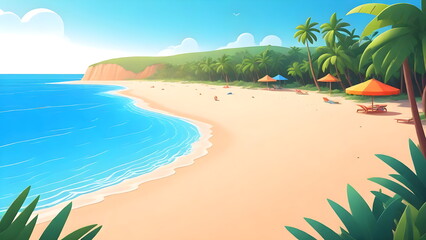 Fototapeta na wymiar Tropical Beach Cartoon Illustration, Sunny Sands, Sea Background