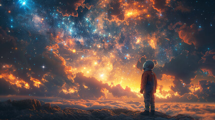 A child in an astronaut costume looks and dreams of space. he stares mesmerized into an unrealistically styled cosmos.  - obrazy, fototapety, plakaty