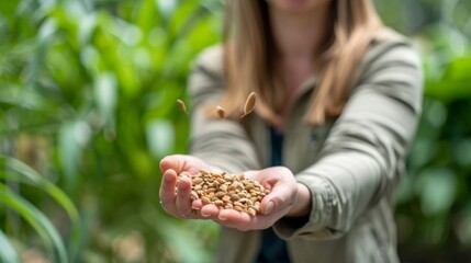A woman is holding a handful of tiny hardy seeds that could potentially be the key to creating a sustainable biofuel source from an aggressive invasive plant species. . - obrazy, fototapety, plakaty