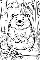 A forest scene coloring page with a beaver. Perfect for children's coloring books. Illustrated in black and white outline.