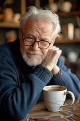 Senior man enjoying a cup of coffee at a cafe, smiling as he savors of his drink.