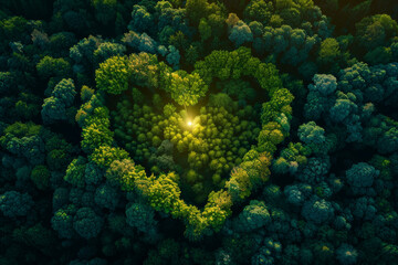 Top down view of a forest with a love shape symbol and glowing light - obrazy, fototapety, plakaty