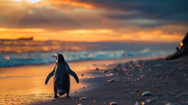 Portrait one penguin walking on beach at sunny day. AI generated image