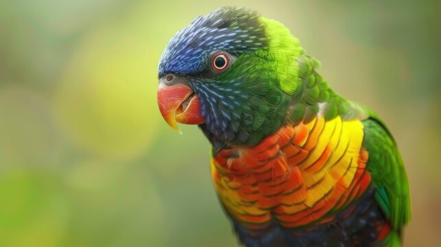 Closeup portrait colorful lorikeet rainbow bird on nature blur background. AI generated image