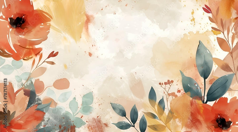 Poster a beautiful piece with an autumn watercolor background with flowers and botanical leaves applied by 
