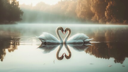 Couple white swans floating on the calm lake water with romantic mirror reflection. AI generated