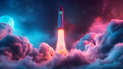 A rocket is flying through the sky with a bright green light on top - obrazy, fototapety, plakaty