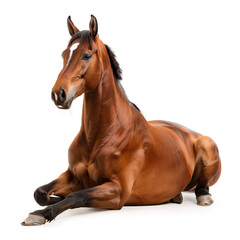 Majestic bay horse lounging on the ground
