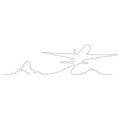 線で描かれたシンプルな飛行機と雲のアウトラインスケッチのイラスト　ベクター