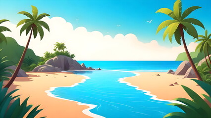 Sunny Tropical Beach Cartoon Illustration, Paradise Sands, Sea Background