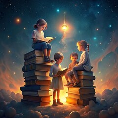 children reading a book, open book, World Book Day design, book Lovers Month, and education...