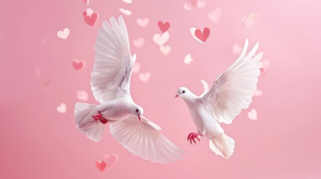 Two white pigeons birds flying between heart shape on pink background. AI generated image
