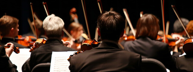 Rear view of a male violinist in strings section, lost in the enchanting music of a symphony orchestra. © Pink Badger