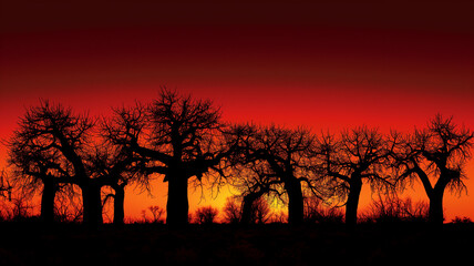 A group of trees are silhouetted against a red sky