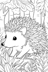 A forest scene coloring page with a hedgehog. Perfect for children's coloring books. Illustrated in black and white outline.
