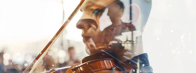 Melodic mastery: close-up of a male violinist lost in the enchanting music of a symphony orchestra. Double exposure, white background, copy space.