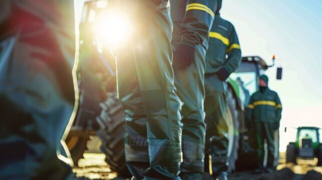 A group of farmers dressed in modern hightech coveralls are proudly standing in front of a row of biofuelpowered farming equipment. The sun is shining brightly representing the hope .
