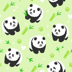 Giant Panda Seamless Pattern Vector illustration. Cute panda with bamboo on green background