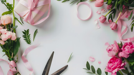 Florist workspace Pink flowers shears wrapping paper and leaves arrangement on white background with copy space : Generative AI