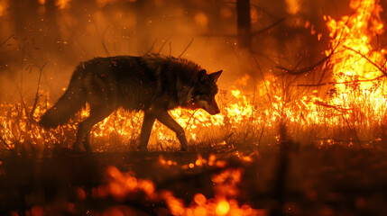 A wild wolf is walking through a forest engulfed in fire. Yellow and orange flames. Serious damage has been done to the ecosystem - obrazy, fototapety, plakaty