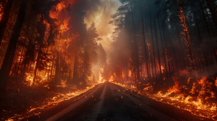 The road is engulfed in a forest fire, flames rising to the sky. The fire threatens to consume everything in its path.