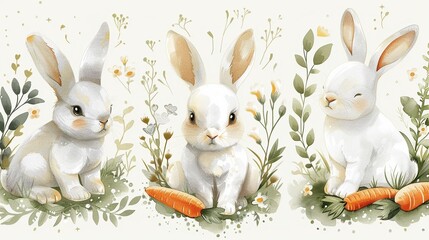 Collection of white bunny wallpapers, each handdrawn in soft pastels, showcasing different adorable poses with carrots and floral elements