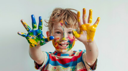 Happy boy showing off messy hands, suitable for fun and messy playtime activities.