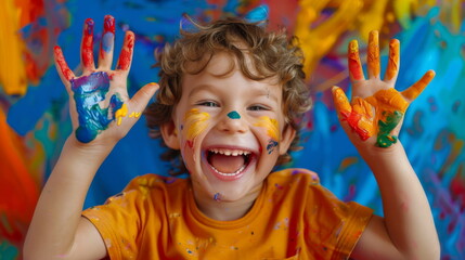 Child with colorful painted hands, perfect for education and creative play themes.