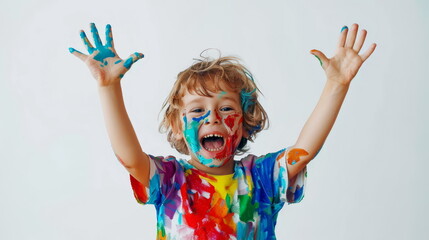 Happy child with paint-covered hands, ideal for joy and learning through play.