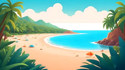 Fototapeta na wymiar Beautiful Beach Scenery, Palm Leaves, Tropical Background Cartoon Illustration