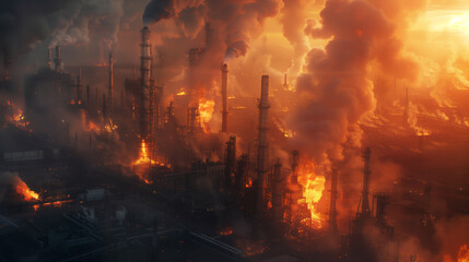 Fototapeta premium A large industrial enterprise with pipes is burning, from which thick black smoke is billowing. An accident in the heavy industry industry.