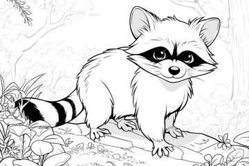 A forest scene coloring page with a raccoon. Perfect for children's coloring books. Illustrated in black and white outline.