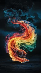 Poster Fire dances! Vibrant colors swirl, forming a mesmerizing abstract tiger against a dark night sky. (phone screen) © Hwangseok