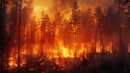 A forest fire is raging through a wooded area. The trees are on fire and the sky is orange