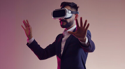 Businessman wearing shirt and suit working while using a VR headset. attractive gesture pose. in office room.