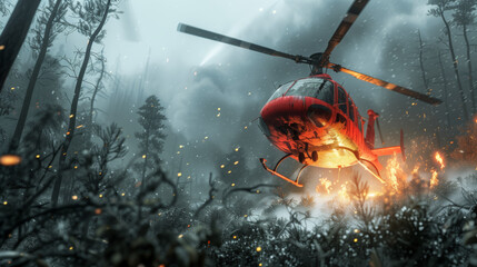 A red helicopter takes off over a forest on fire. A fire helicopter is rushing to put out a forest fire.