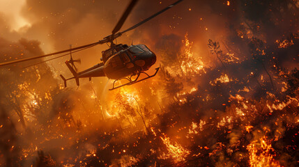 A helicopter flies over a forest fire. A natural disaster. A fire rescue helicopter drops water on a fire. The fire is very largeA helicopter flies over a forest fire. A natural disaster - obrazy, fototapety, plakaty