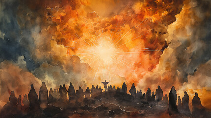 The painting is of a religious scene with a bright sun in the background - obrazy, fototapety, plakaty