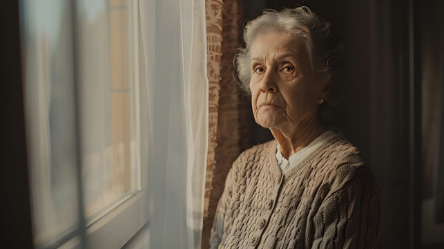 Portrait of elderly lady in beige cardigan alone at home Senior woman 86 years of age standing by the window in her apartment Background copy space close up : Generative AI