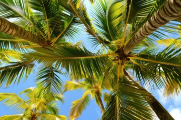 Skyward view of lush palm canopy, suited for articles on nature, serenity, or eco-tourism.