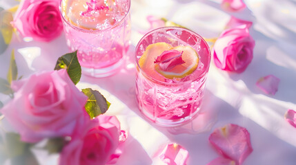 Pink rose cocktails drinks or lemonade with rose flowers and lemon on white sunny background Close up Copy space : Generative AI