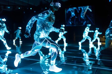 A group of people are running in a neon blue room. The people are wearing vests and are running in a line