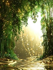 Peaceful bamboo forest, morning mist and sunlight filtering through