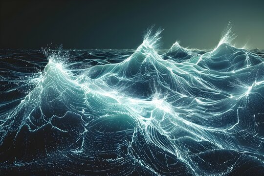 A computer generated image of a wave with a dark blue background. The waves are very large and the water is very choppy