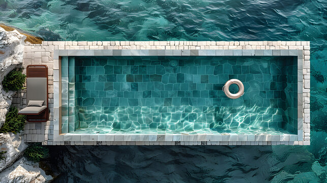 Empty rectangular blue swimming pool with sunbeds and umbrellas and big inflatable Yellow Pineapple floating tube. Rent real estate or Chill out on summer vacation in a luxury resort concept.