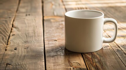 Fototapeta na wymiar Blank white mug on wooden table. Mug mockup template.
